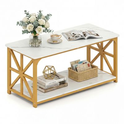 43 Inch Faux Marble Coffee Table with X-Shaped Carbon Steel Frame