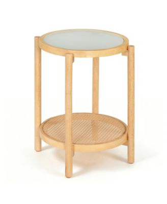 2-Tier Round Boho End Table with Tempered Glass Top and Woven Shelf