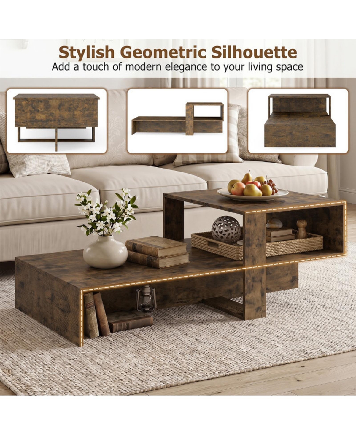 Sugift 2-Tier Modern Coffee Table with Irregular Silhouette and Open Storage Shelf