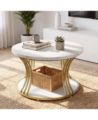 31.5" Round Faux Marble Coffee Table with 2-Tier Storage