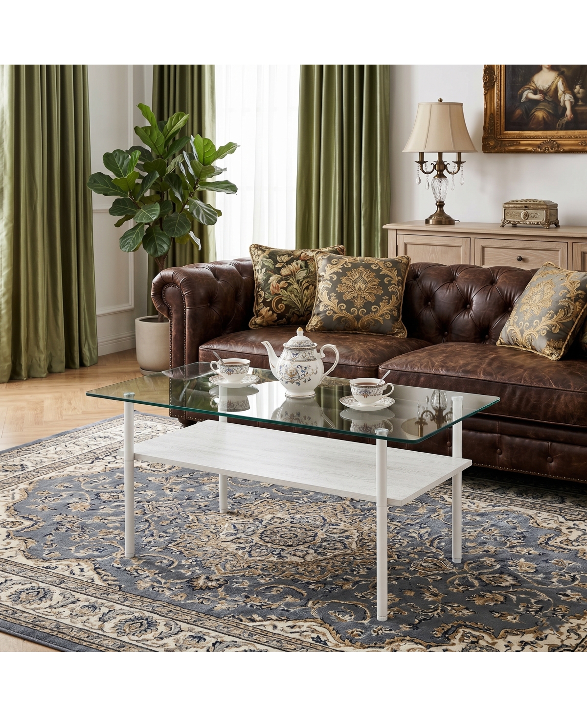 Streamdale Furniture Modern Glass Coffee Table with Wood Shelf and White Metal Legs