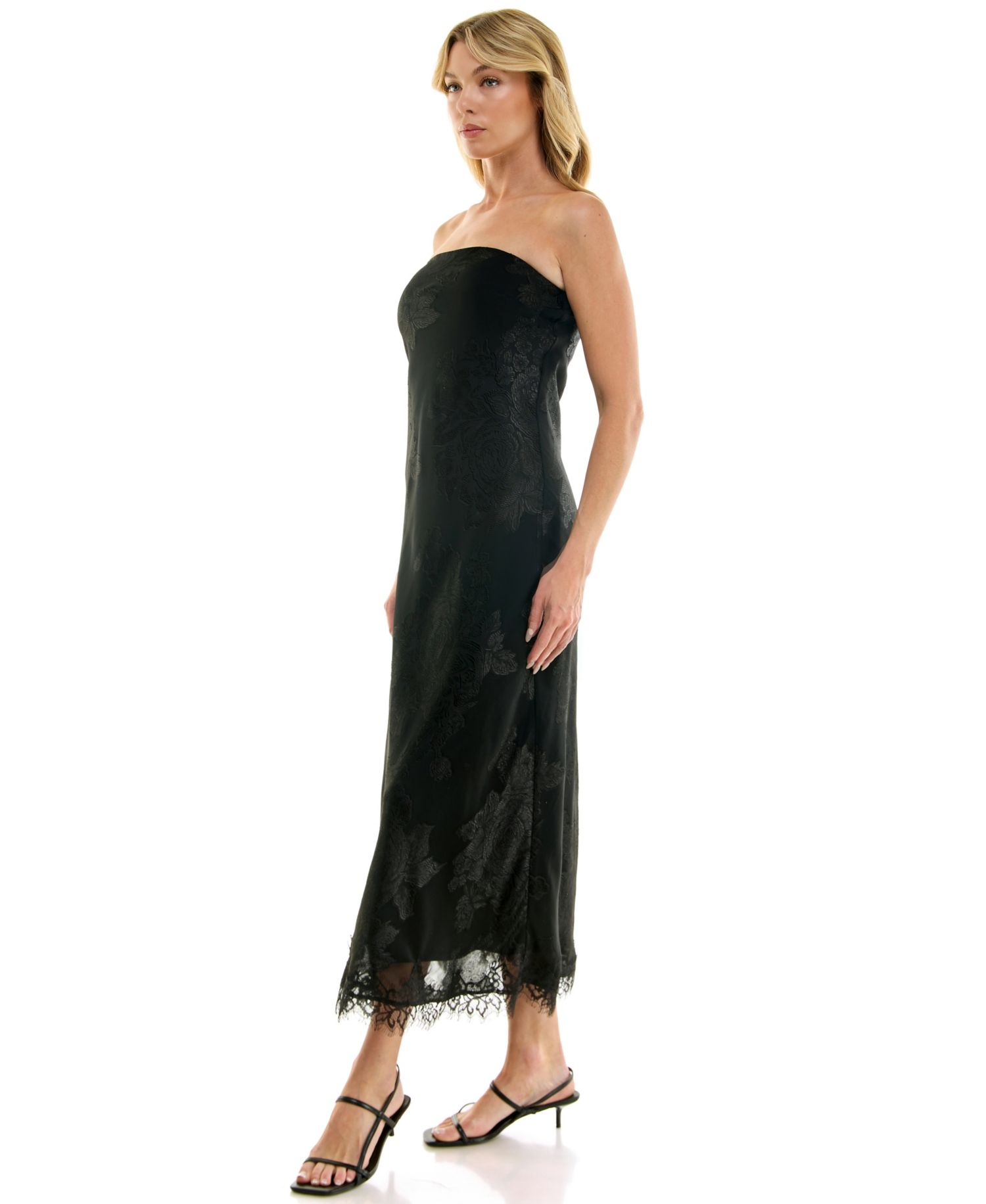 Juniors' Strapless Midi Lace-Trim Dress