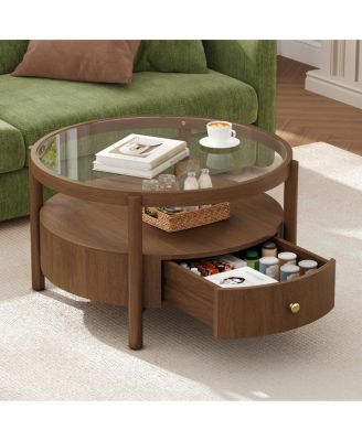 Solid Wood Round Glass Top Coffee Table with Storage Drawer