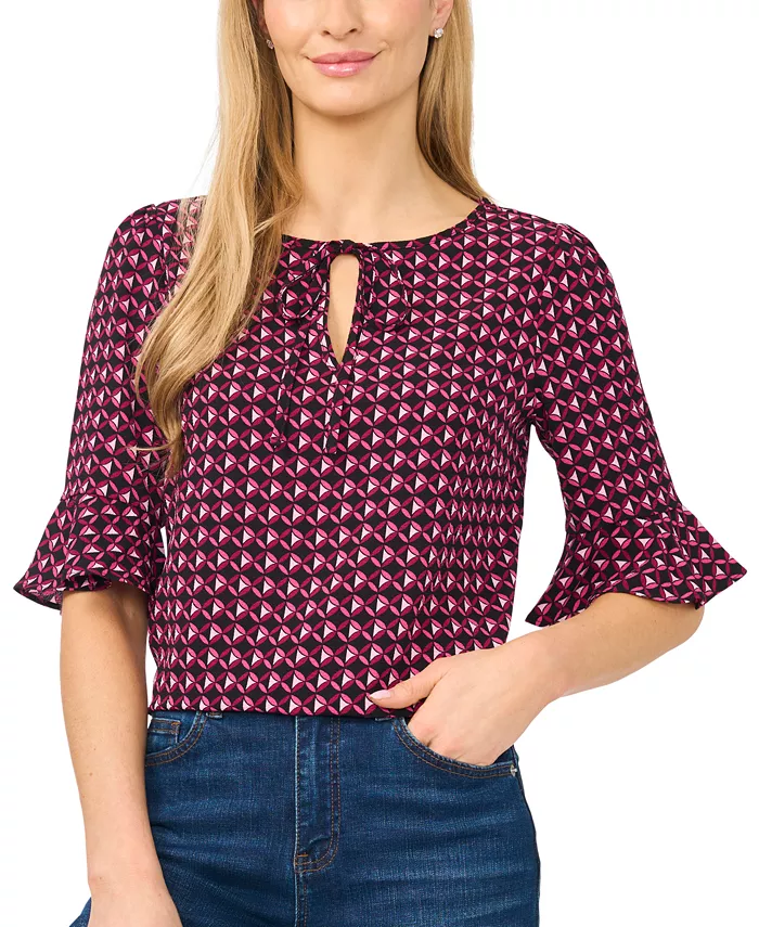 Women's Split-Tie-Neck 3/4-Sleeve Ruffle-Cuff Blouse - thumbnail 6