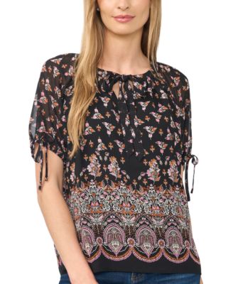 Women's Puff Raglan Short-Sleeve Tie Neck Floral-Print Blouse