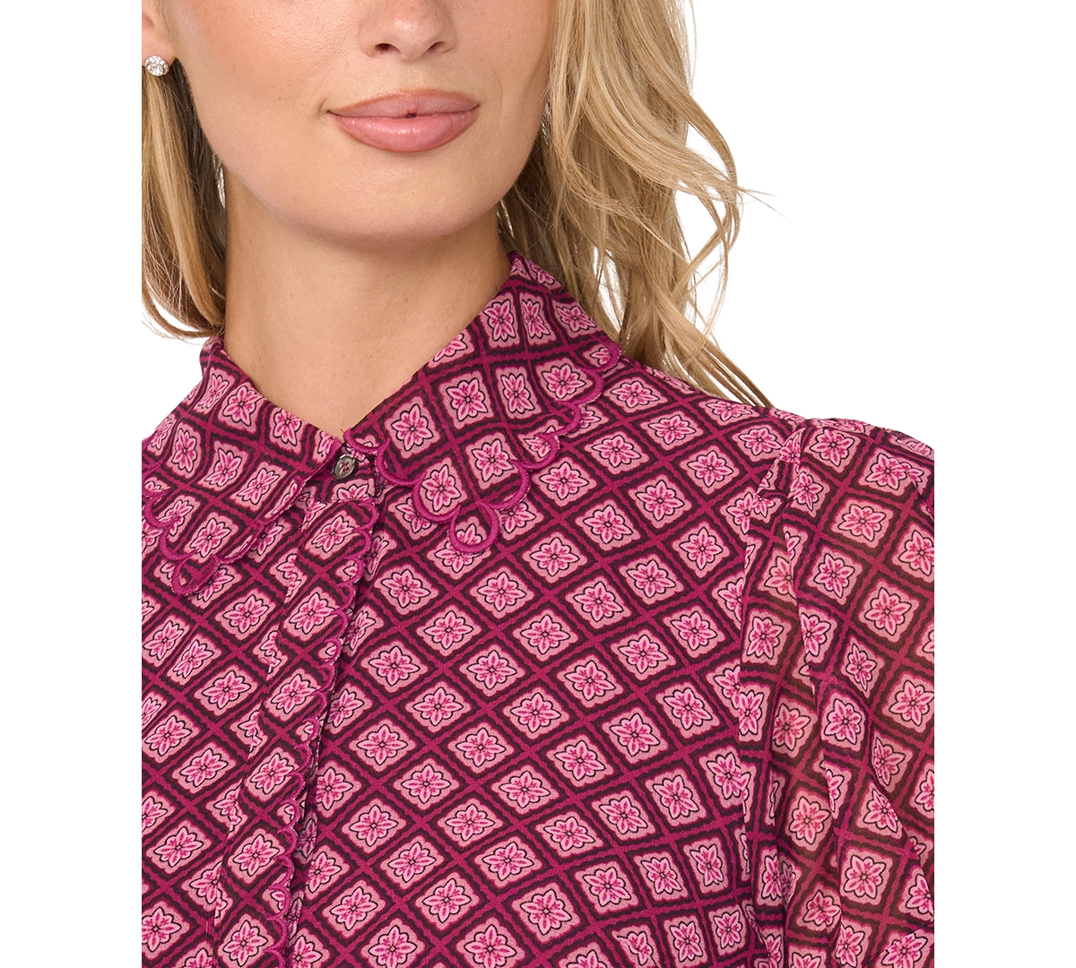 CeCe Women's Short-Sleeve Scallop Trim Button Up Blouse