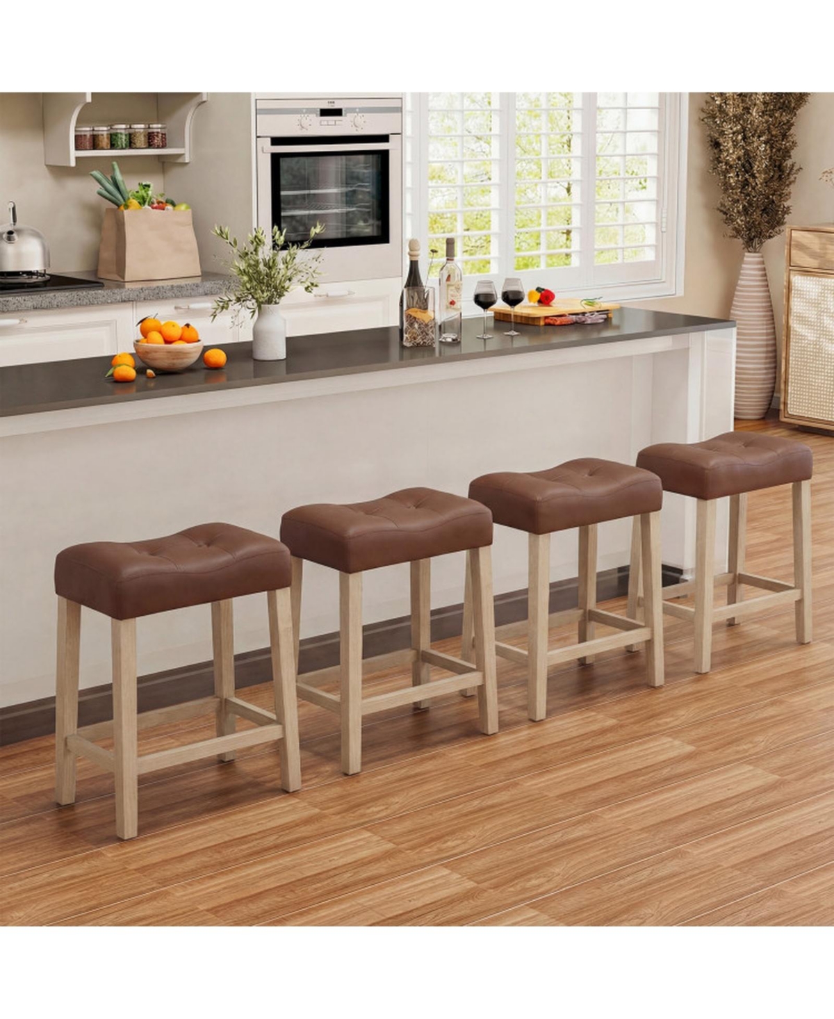 Sugift Set of 4 Upholstered Backless Counter Height Bar Stools with Curved Saddle Seats