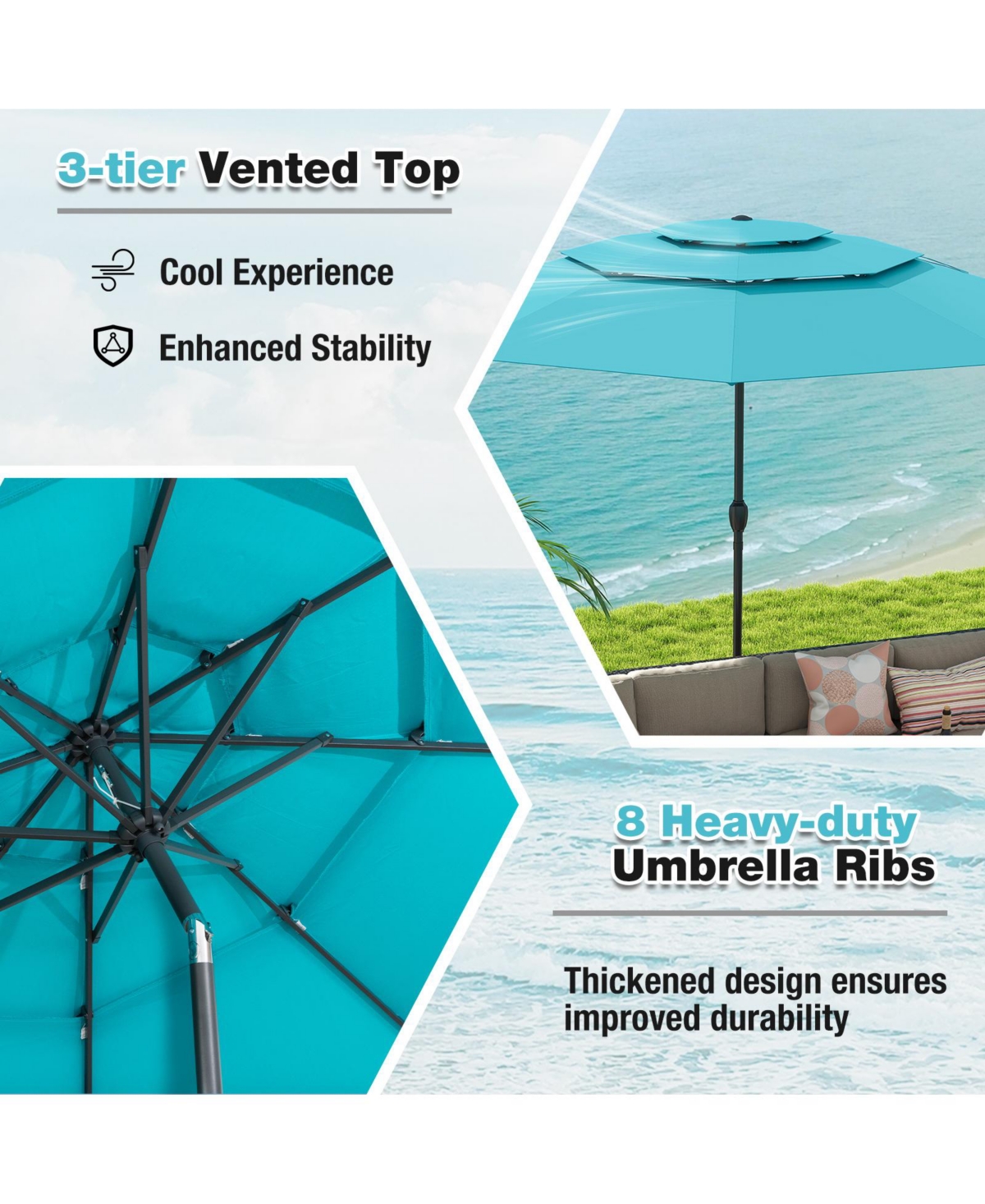 Sugift 10 ft 3-Tier Vented Patio Umbrella with Push Button Tilt and Crank Handle