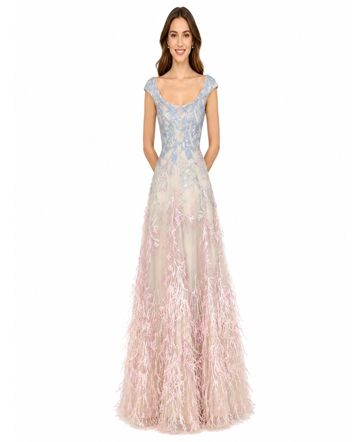 Lara Women's Cap Sleeves Feather Detail Ballgown