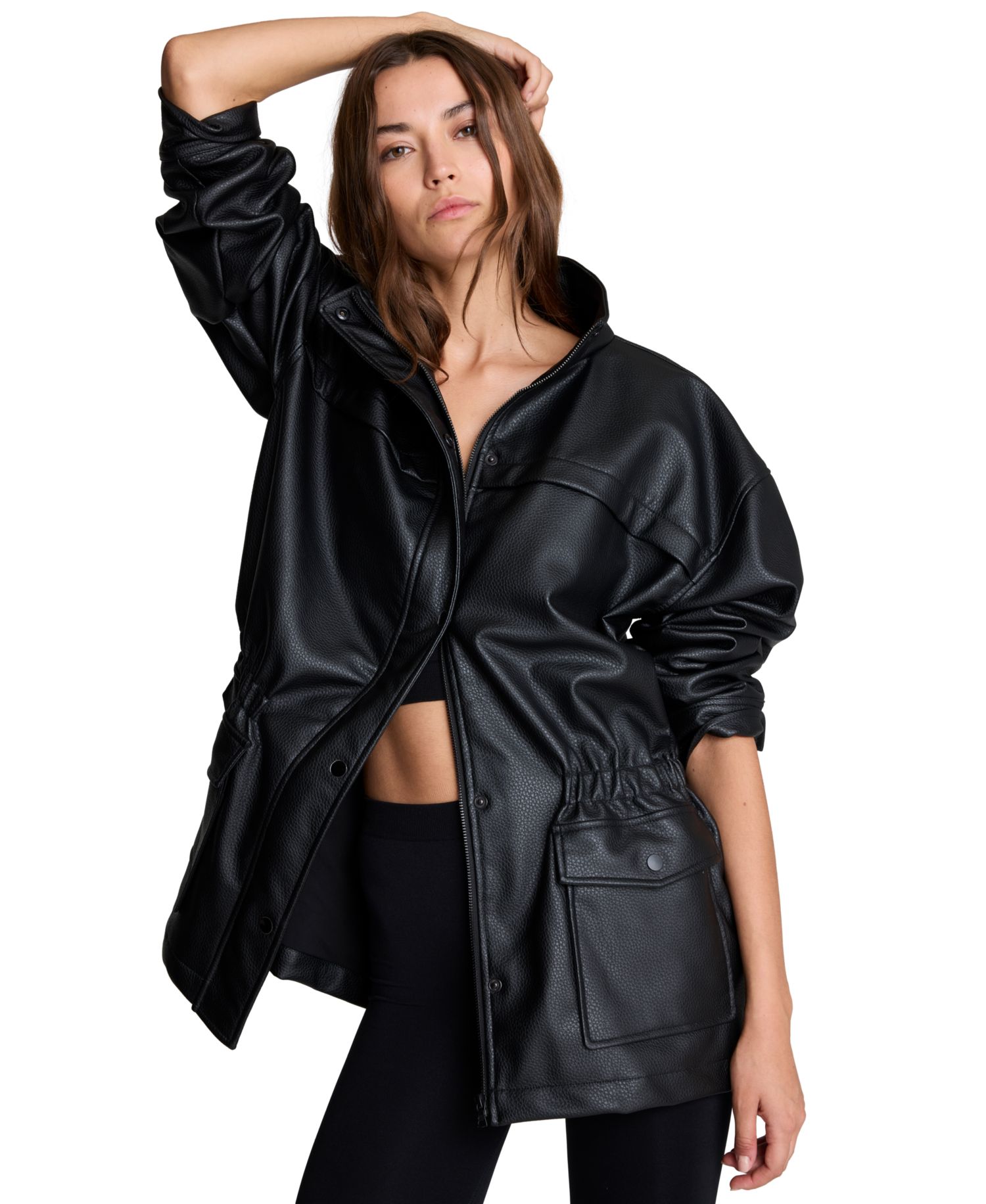 Women's Faux-Leather Cinched-Waist Anorak