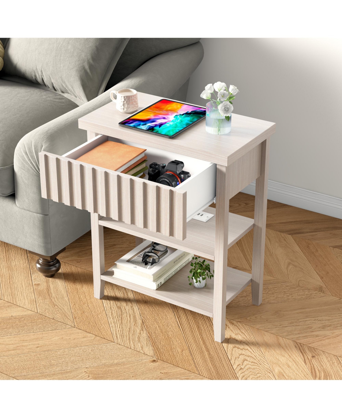 Flynama Fluted Nightstand with Charging Station
