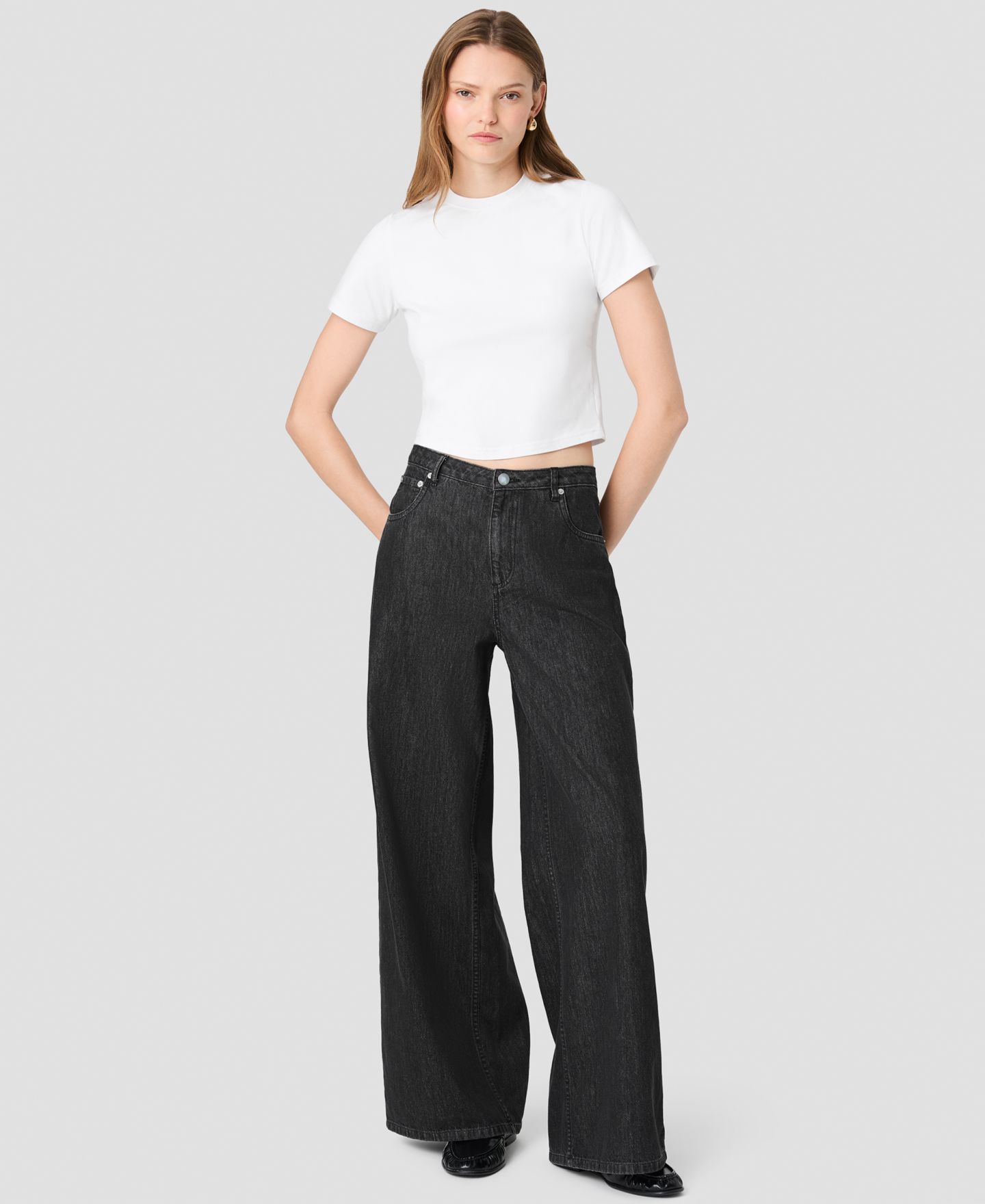 Женские джинсы French Connection Elton High-Waisted Wide-Leg Denim, цвет: Потёртый чёрный — фото 6