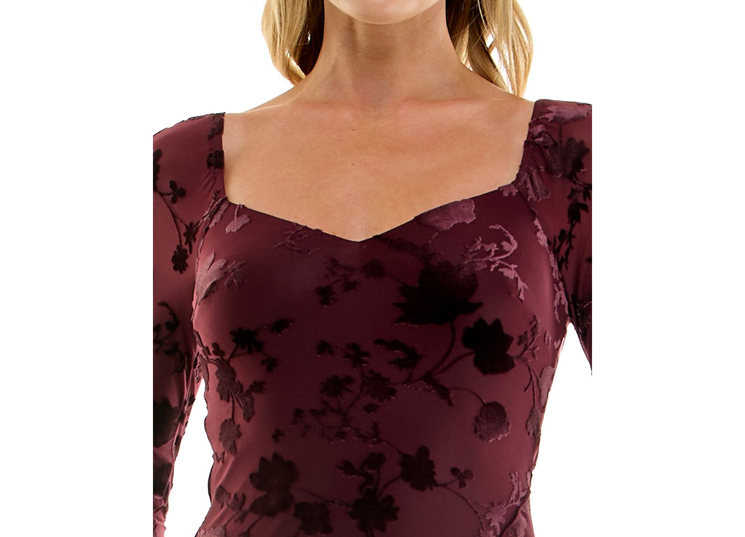 Juniors' Long-Sleeve V-Neck Velvet-Burnout Midi Dress