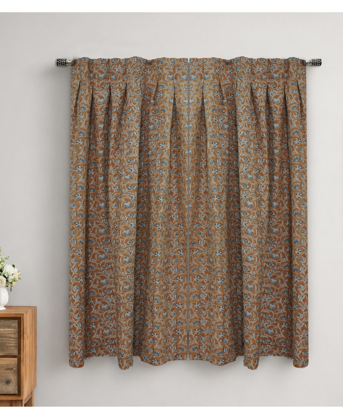 Fabdivine Handcrafted Boho Block Print Two Pleated Pure Linen Curtain