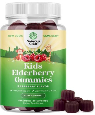 Kids Elderberry Gummies with Zinc and Vitamin C, Daily Immune Support Gummies for Children, Raspberry Flavor, 60 Count