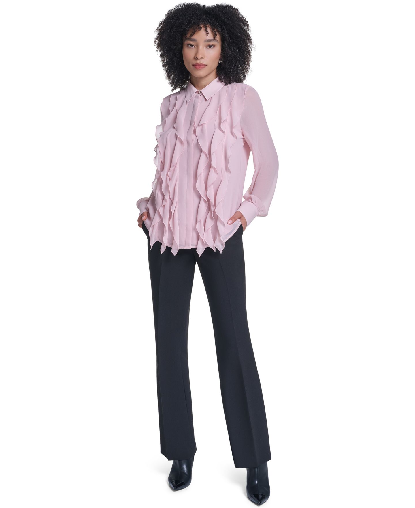Женская блузка KARL LAGERFELD PARIS Sheer Long-Sleeve Point Collar Blouse, цвет: Розовато-лиловый — фото 2