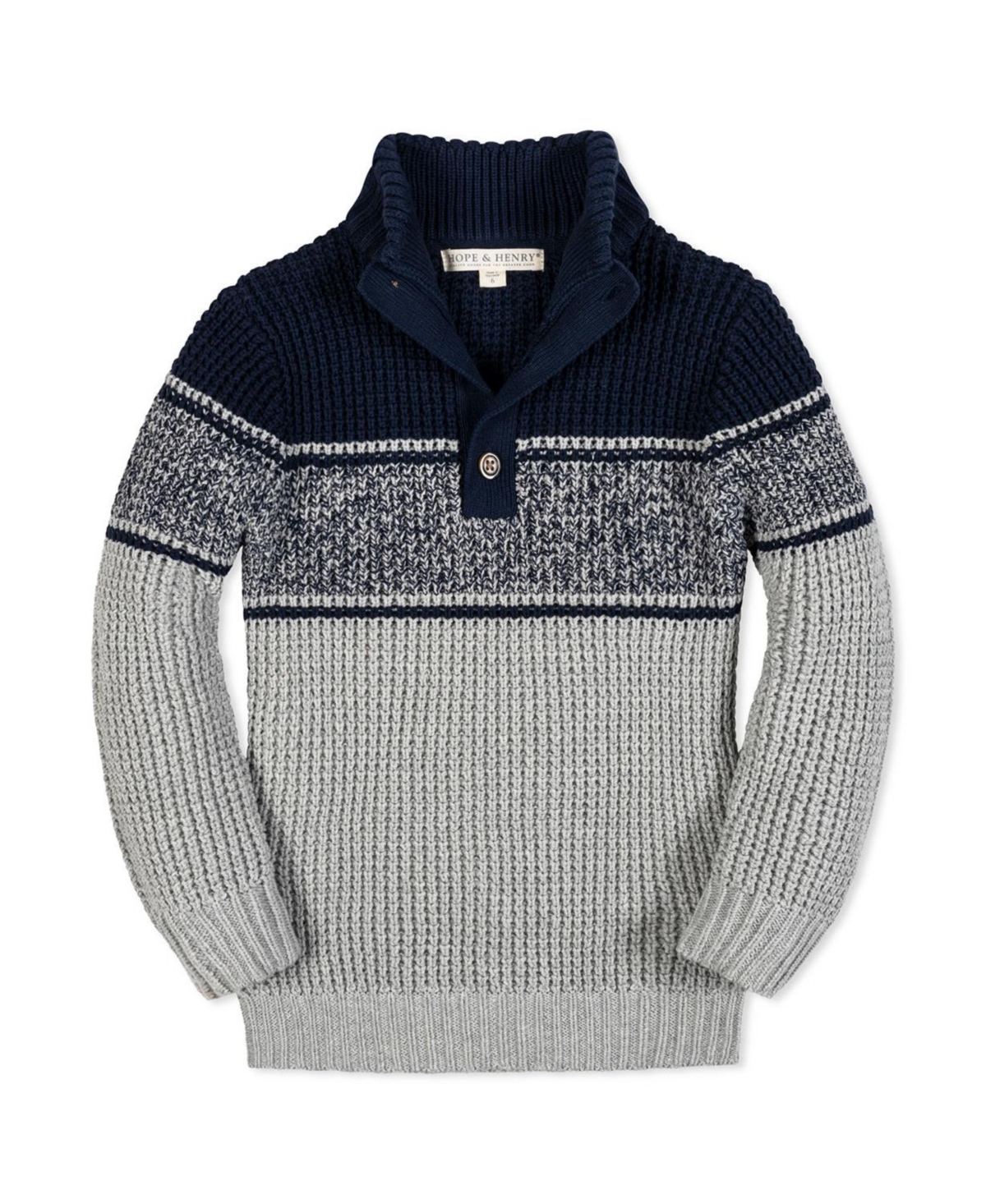 Hope and Henry Little and Big Boys' Organic Mock Neck Waffle Sweater - Navy and gray stripe