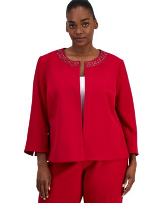 Plus Size Collarless Embellished 3/4-Sleeve Cardigan