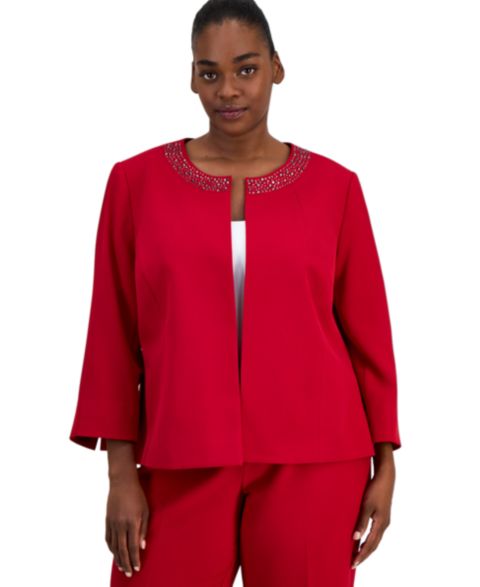 Женский кардиган Kasper Plus Size Collarless Embellished 3/4-Sleeve, цвет: Красный