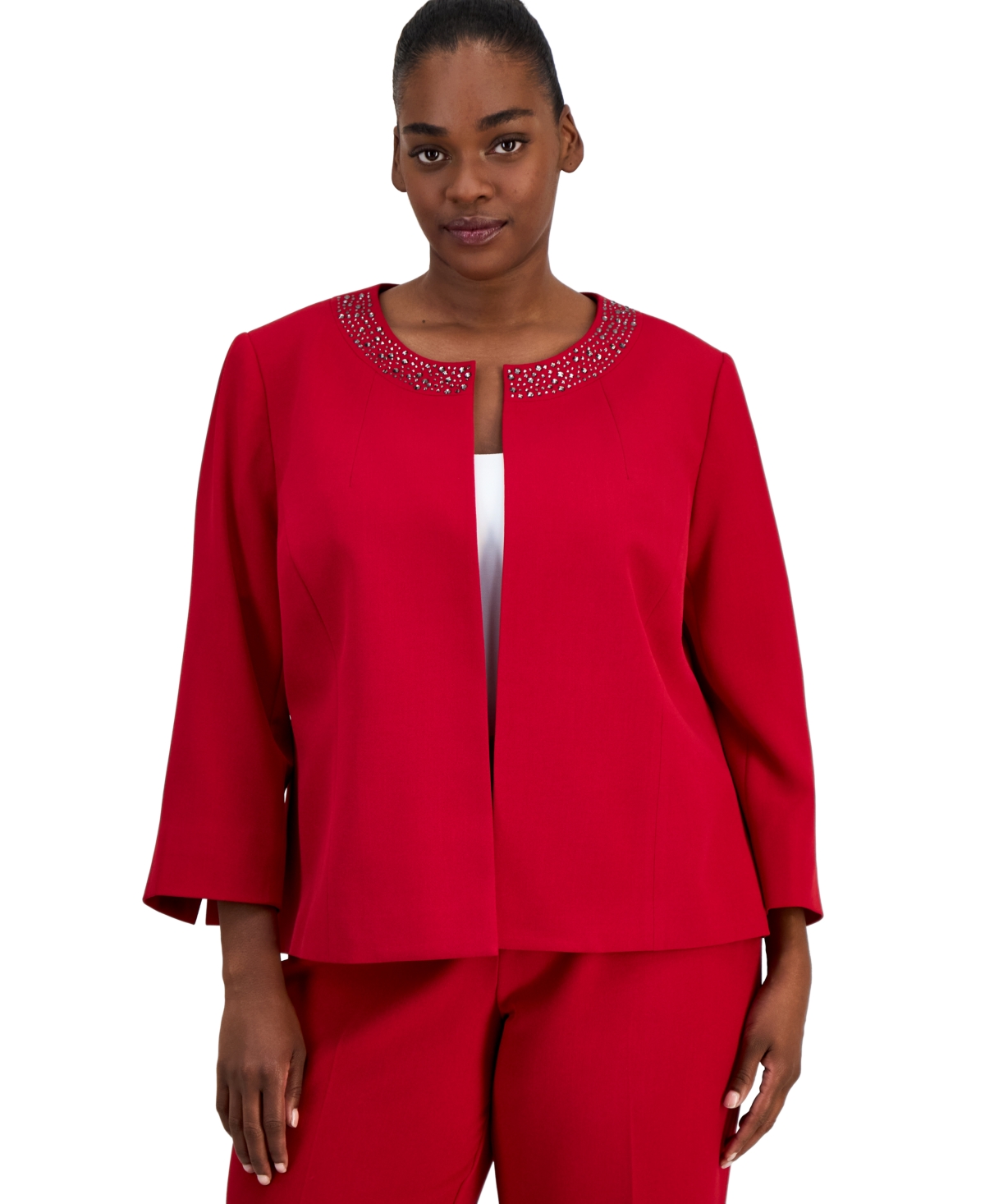 Kasper Plus Size Collarless Embellished 3/4-Sleeve Cardigan - Fire Red