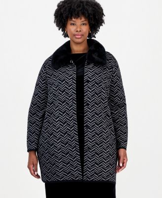 Plus Size Faux Fur Collar Herringbone Cardigan