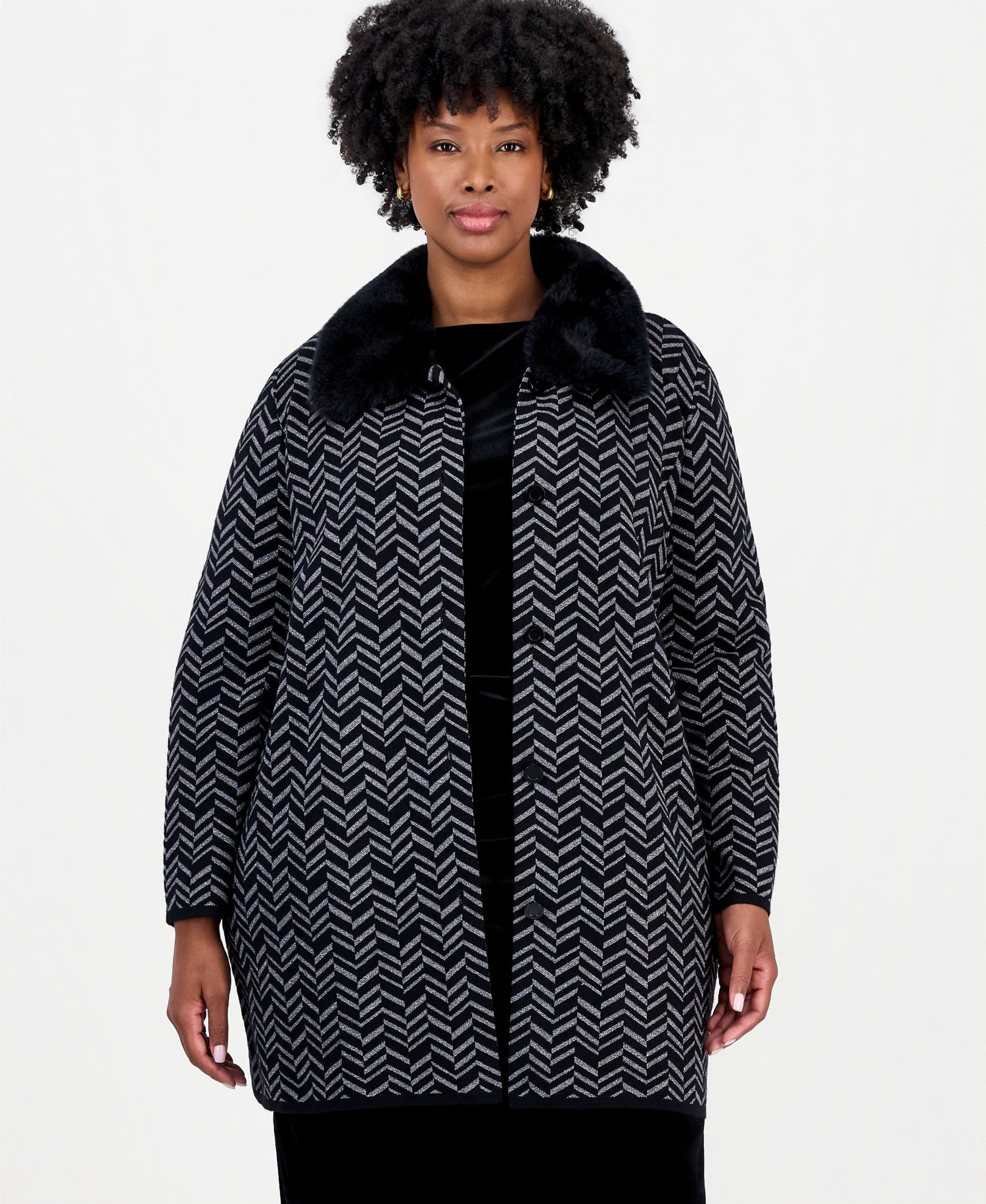 Plus Size Faux Fur Collar Herringbone Cardigan