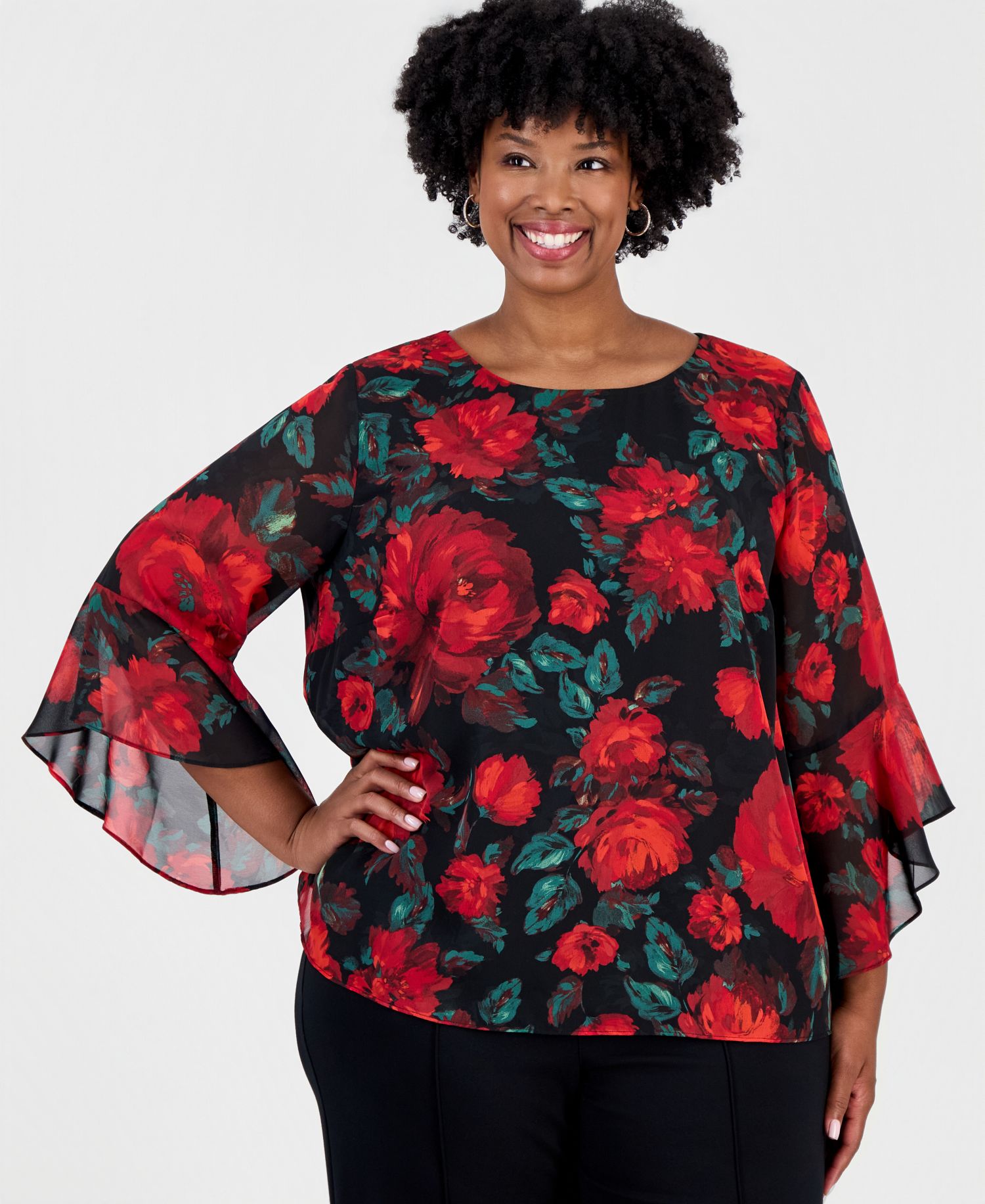 Plus Size Ruffle 3/4-Sleeve Blouse