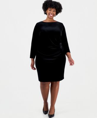 Plus Size Long-Sleeve Velvet Side-Pleat Dress