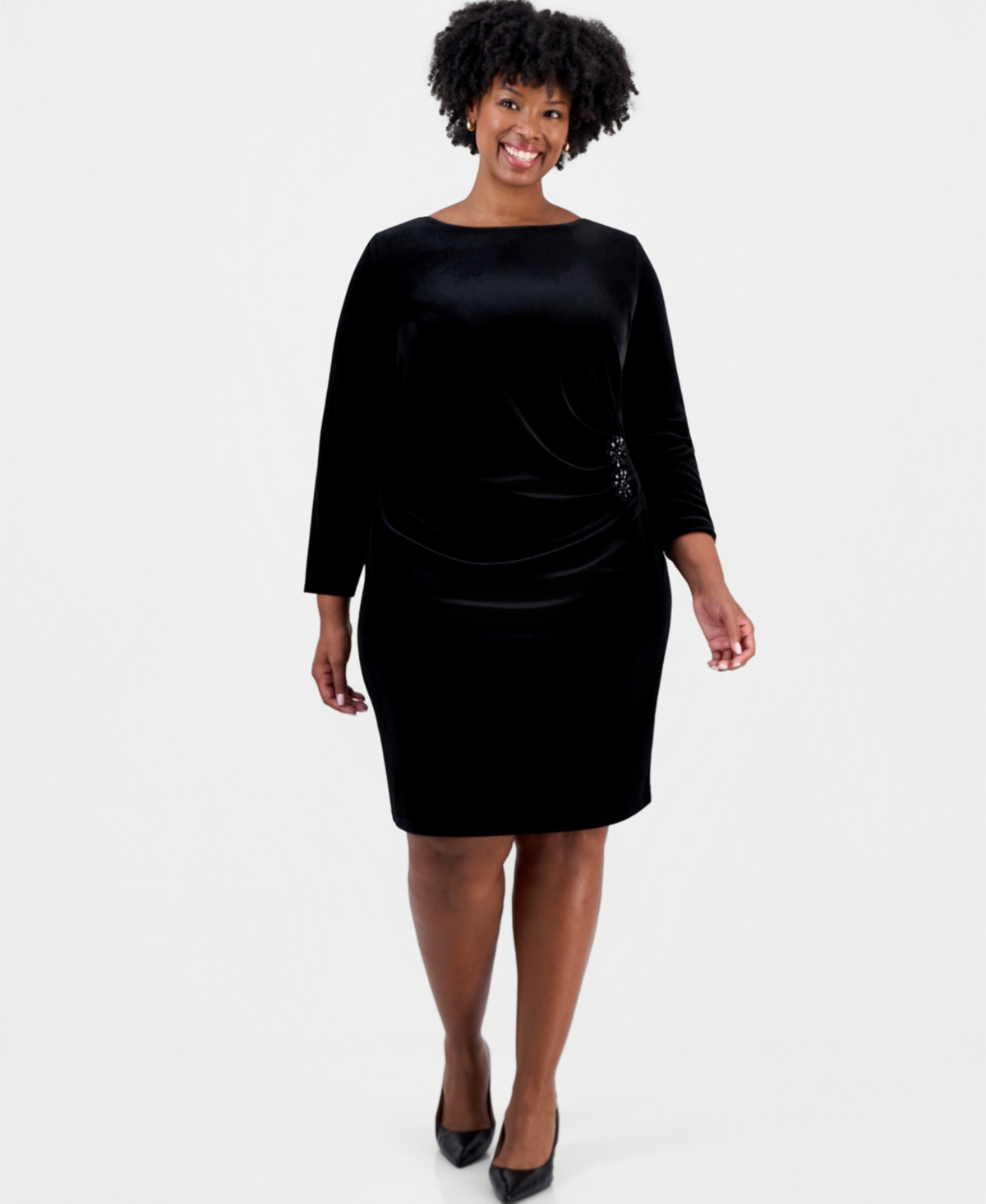 Kasper Plus Long-Sleeve Velvet Side-Pleat Dress