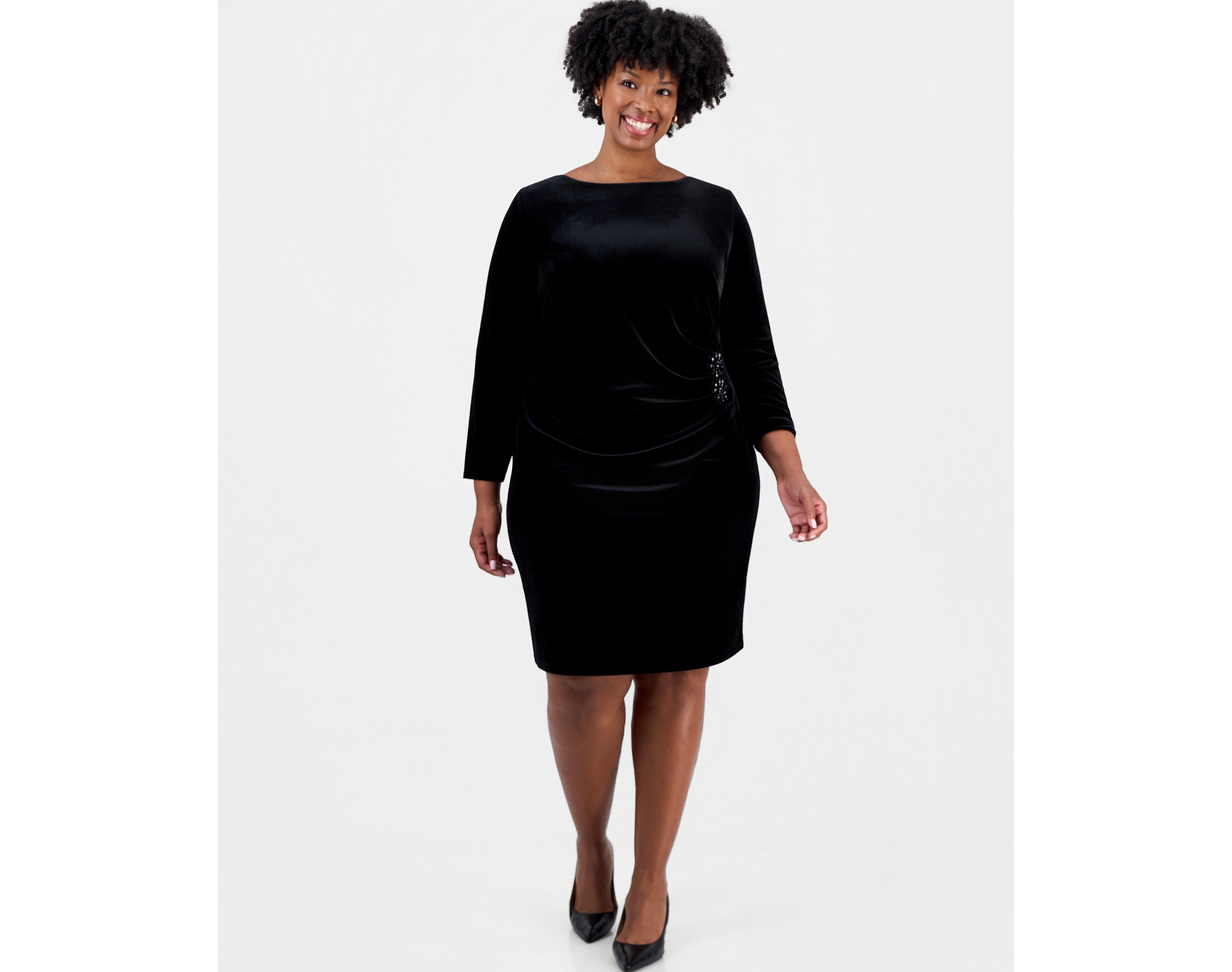 Kasper Plus Long-Sleeve Velvet Side-Pleat Dress