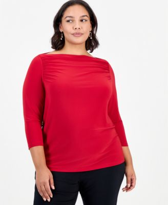 Plus Size Boat Neck 3/4-Sleeve Ruched Blouse