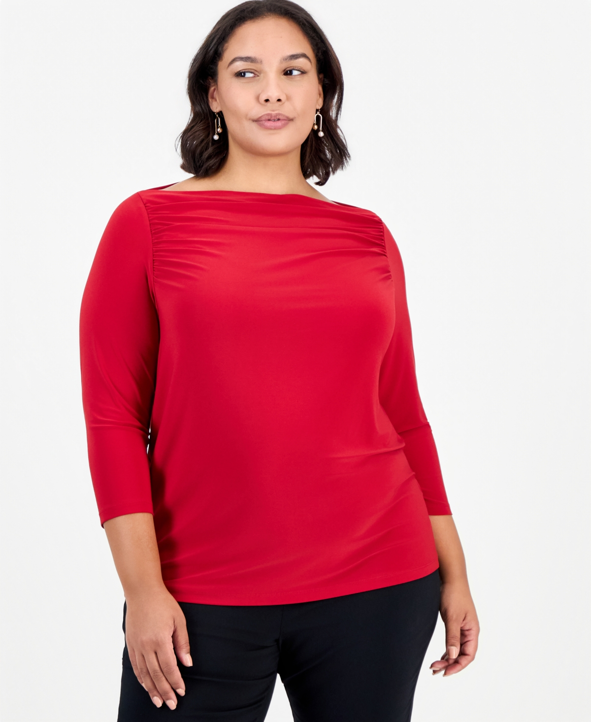 Kasper Plus Boat Neck 3/4-Sleeve Ruched Blouse