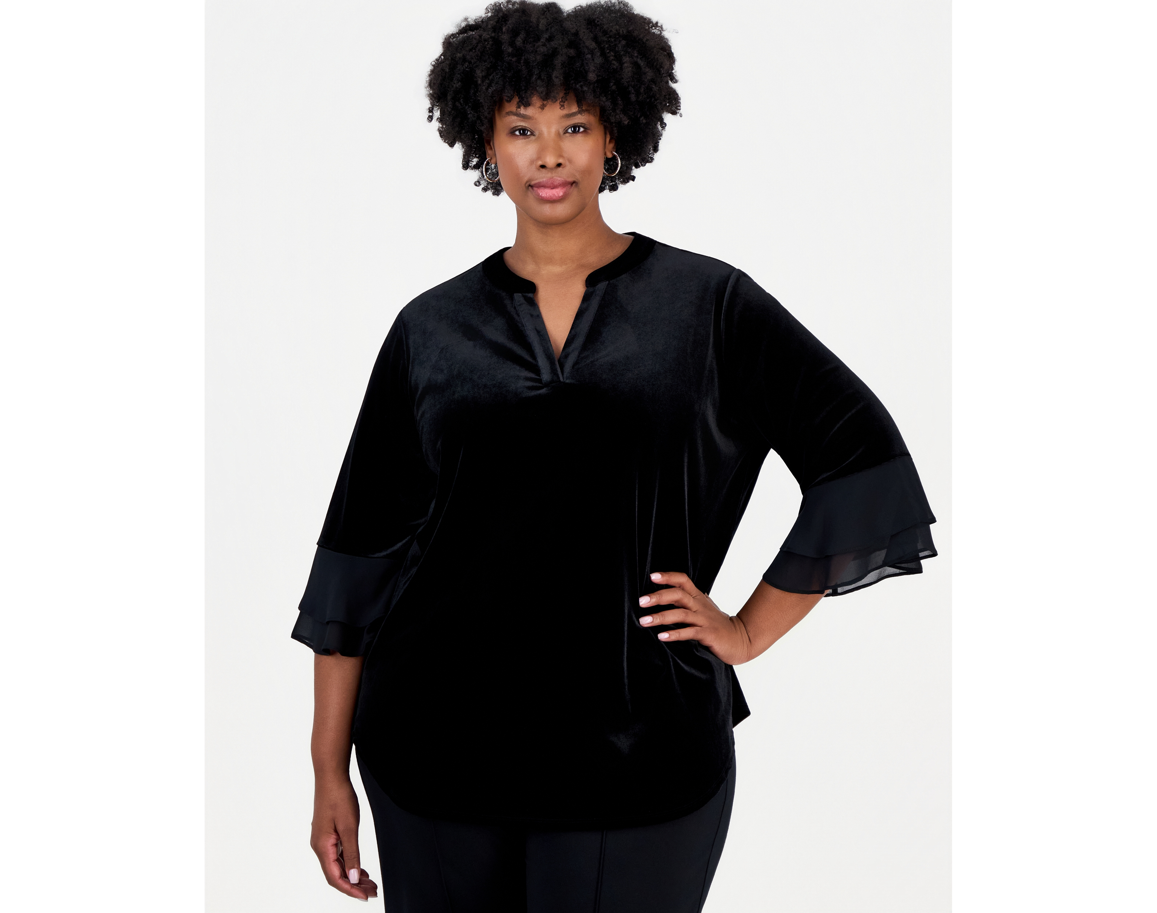 Kasper Plus Split-Neck 3/4-Length Flutter-Sleeve Blouse