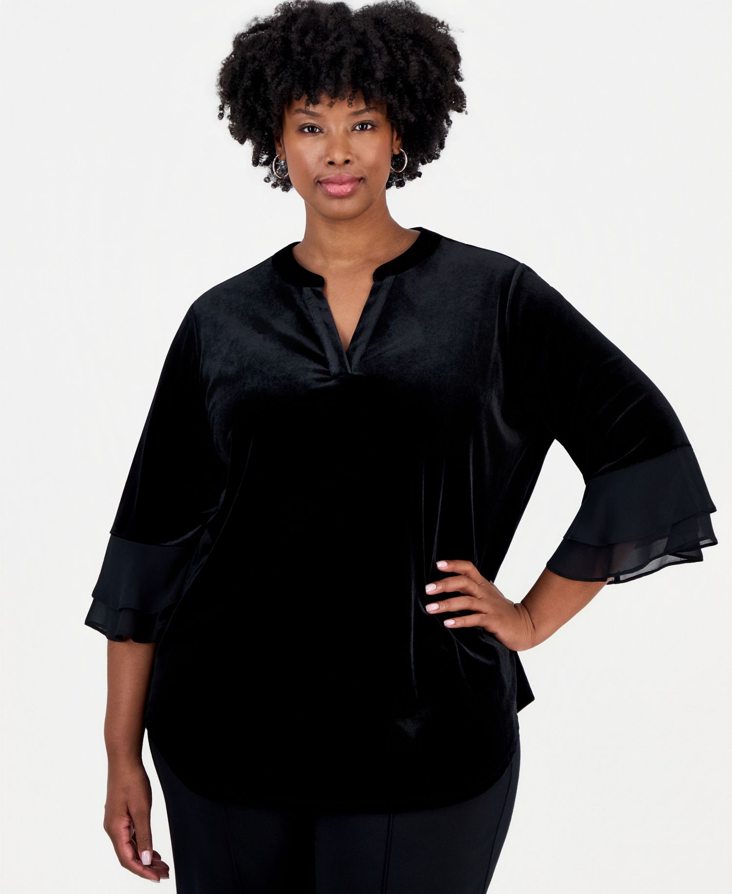 Plus Size Split-Neck 3/4-Length Flutter-Sleeve Blouse