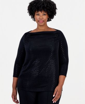 Plus Size Boat-Neck Metallic-Dot Shirred-Front 3/4-Sleeve Blouse