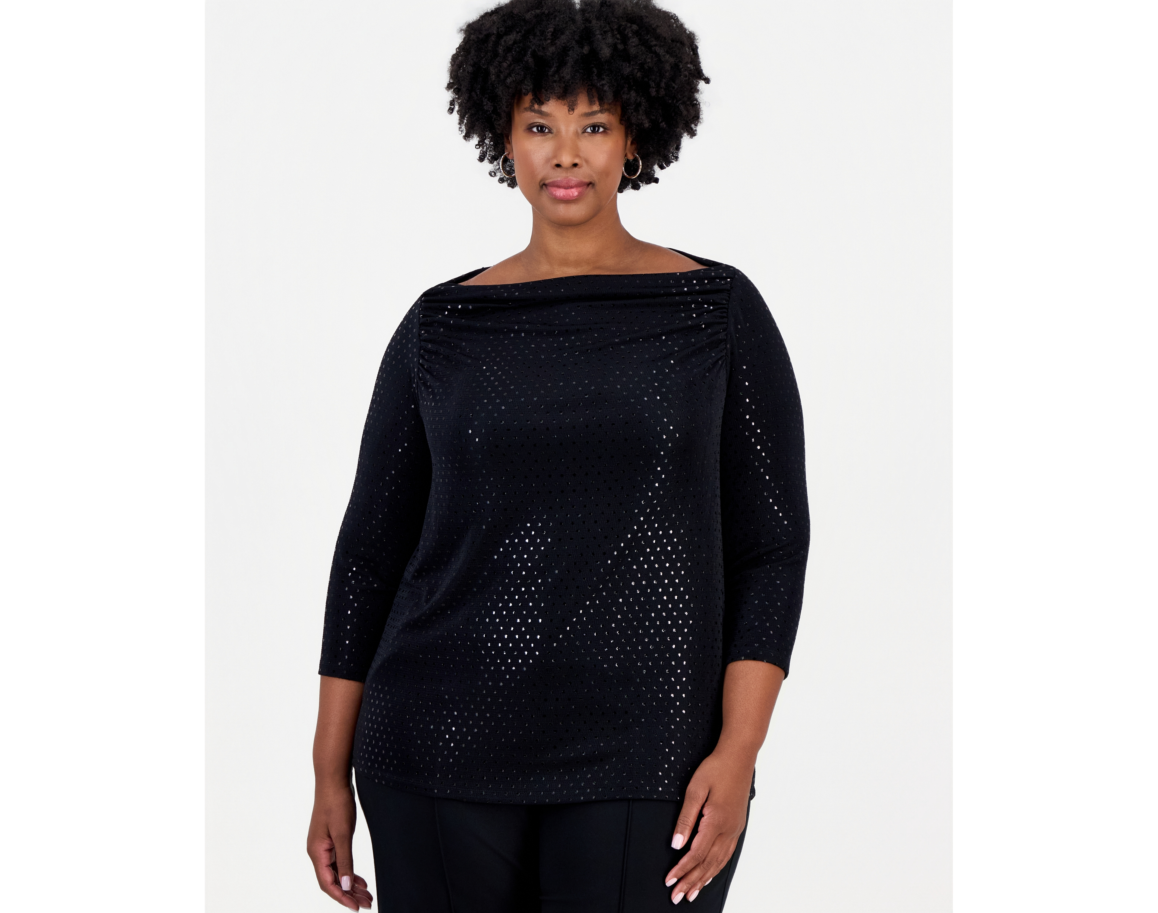 Kasper Plus Boat-Neck Metallic-Dot Shirred-Front 3/4-Sleeve Blouse