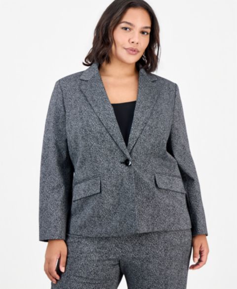 Женский пиджак Kasper Plus Size Notch-Collar Long-Sleeve Geometric Blazer, цвет: Чёрный разноцветный