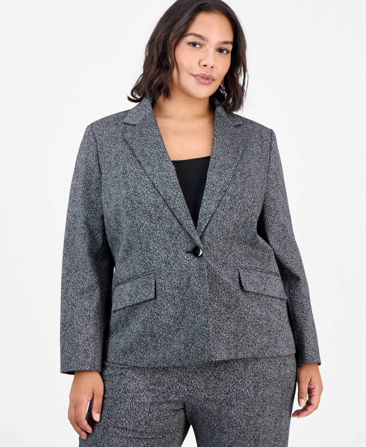 Kasper Plus Notch-Collar Long-Sleeve Geometric Blazer