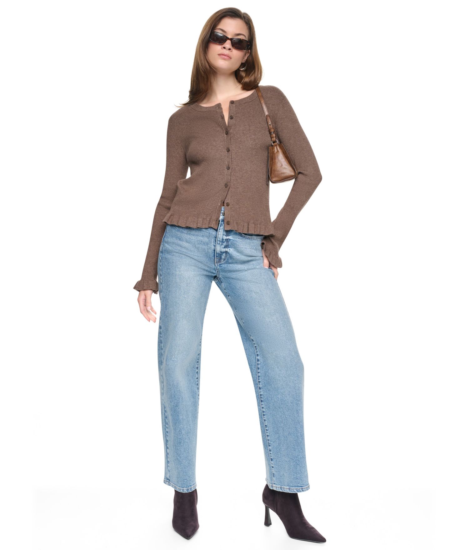 Женский кардиган DKNY Jeans Petite Ribbed Knit Ruffle Trim, цвет: Карамельный меланжевый — фото 7