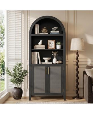 Arched Kitchen Pantry Storage Cabinet - 5-Tier Open Display Shelf with Rattan Decor, Farmhouse Storage Cabinet for Kitchen, Dining Room, Living Room