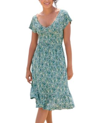 Women's Viscose Printed Flounce A-Line V-Neck Elastic-Waist Short Dress