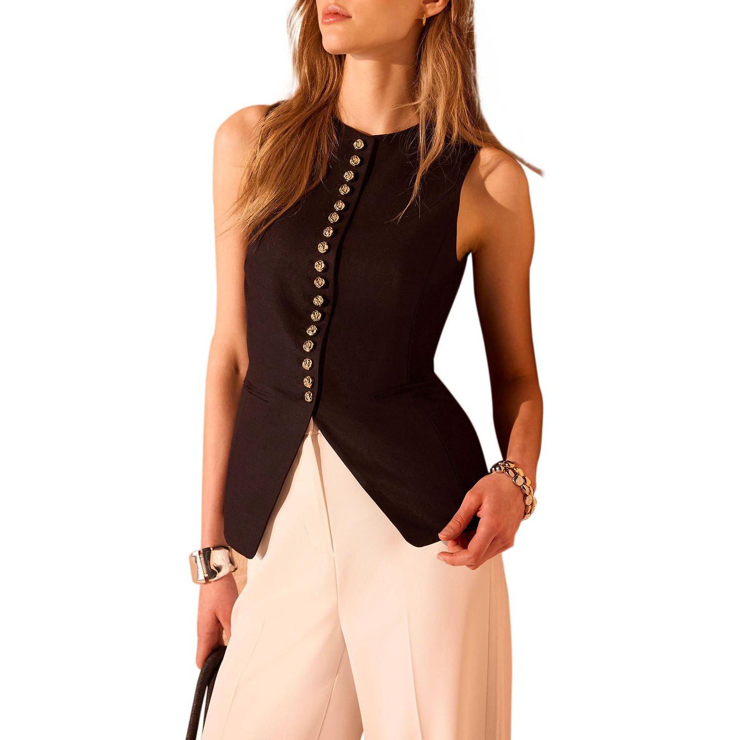 Women's Sleeveless Crewneck Linen-Blend Vest