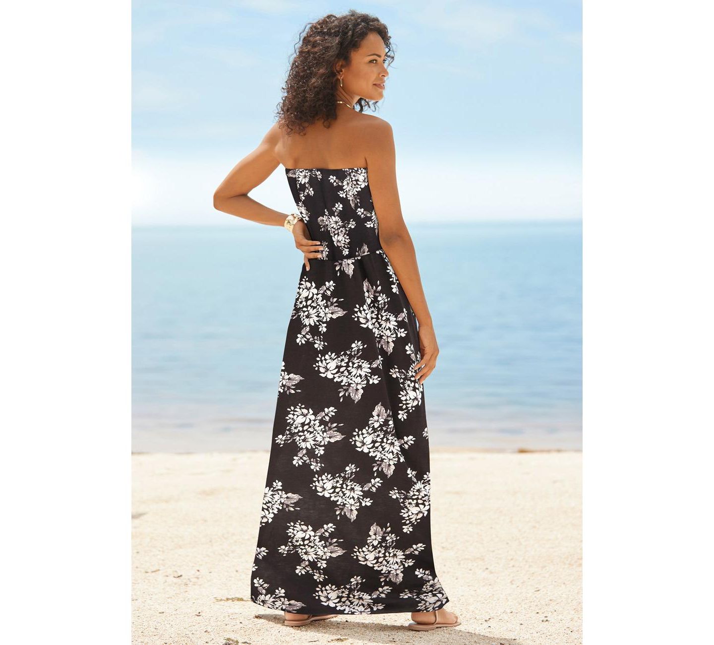 Женское платье LASCANA Viscose Printed Strapless Column Bandeau Maxi, цвет: Чёрный / Молочный — фото 3