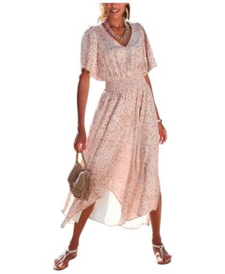 Women's Flowy Flutter Sleeve V-Neck Maxi Dress