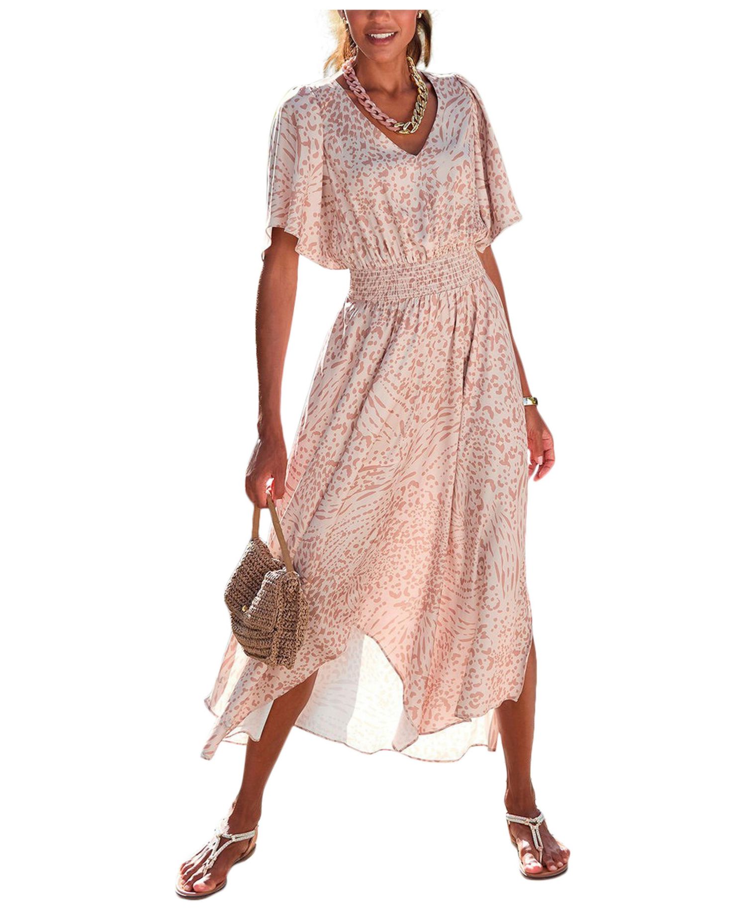 Women's Printed Flowy Flutter Fit-and-Flare V-Neck Maxi Dress