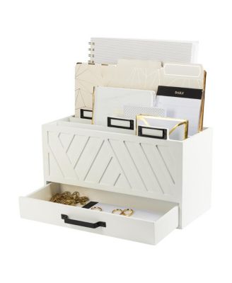 Wood Desktop Mail Organizer Three Tier Sorter With Drawer Label Holders Countertop Storage