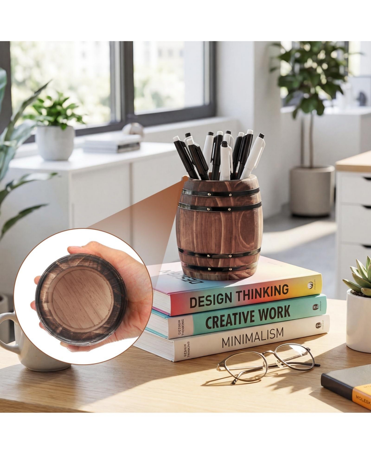 Danrong Rustic Wine Barrel Wooden Desk Organizer Pen Pencil Holder Stationery Storage