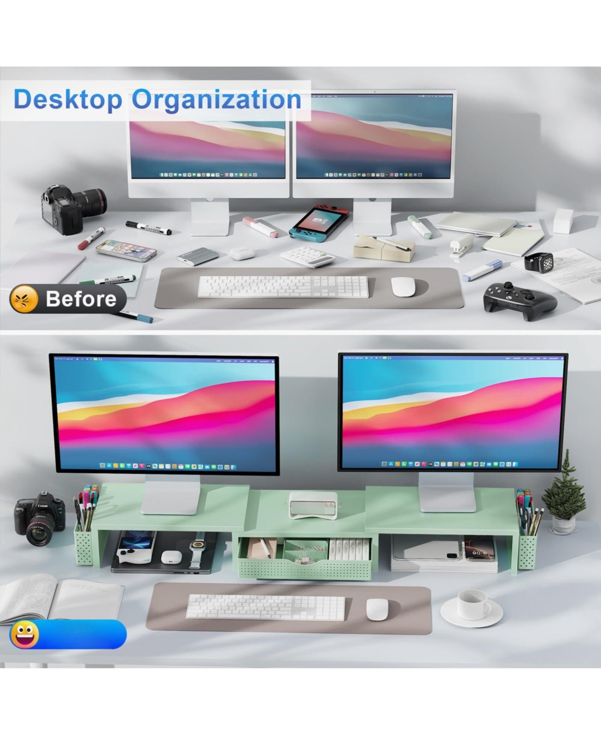 Danrong Dual Monitor Stand Riser With Drawer Pen Holders Height Adjustable Desk Organizer