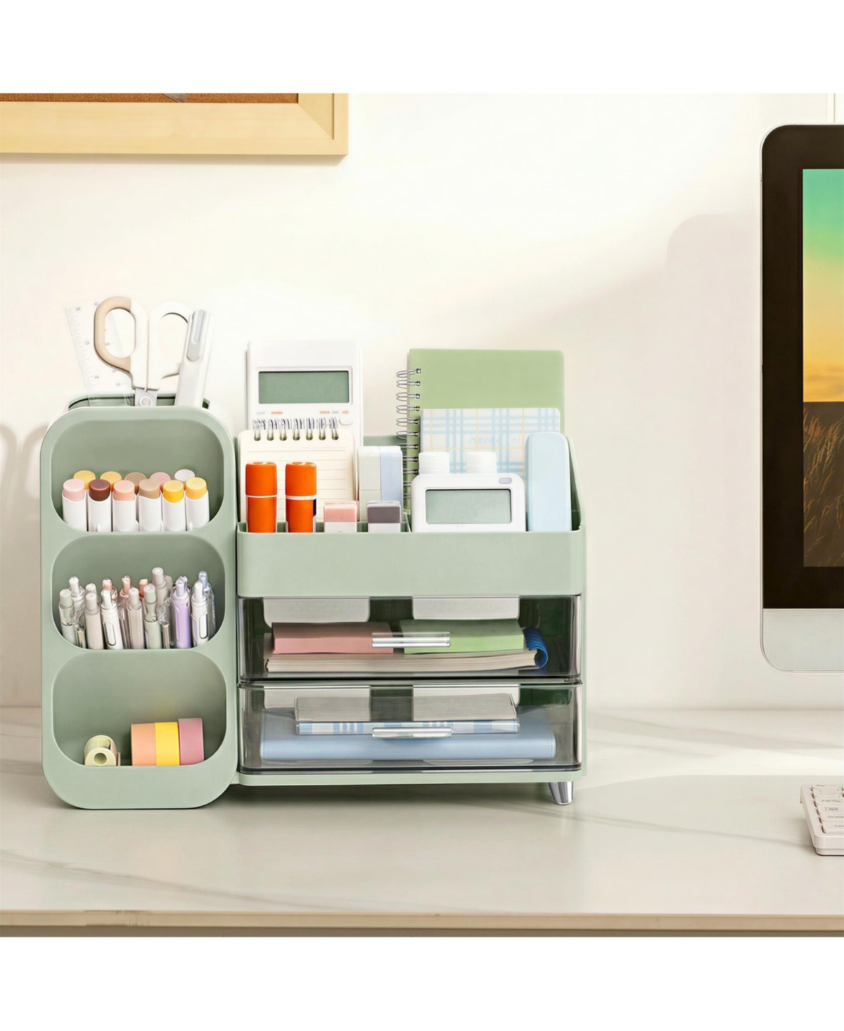 Danrong White Desk Organizer With Pen Holder 2 Drawers 4 Compartments Desktop Storage For Office Home School Art Supplies