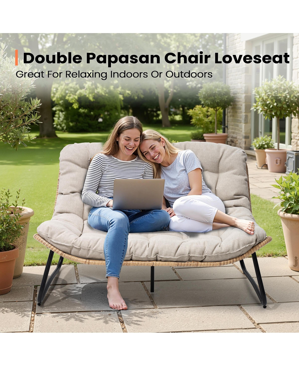 Pellebant Outdoor Loveseat, 2 Seater Couch with Soft Cushion, All-Weather Boho Rattan Patio Furniture for Balcony